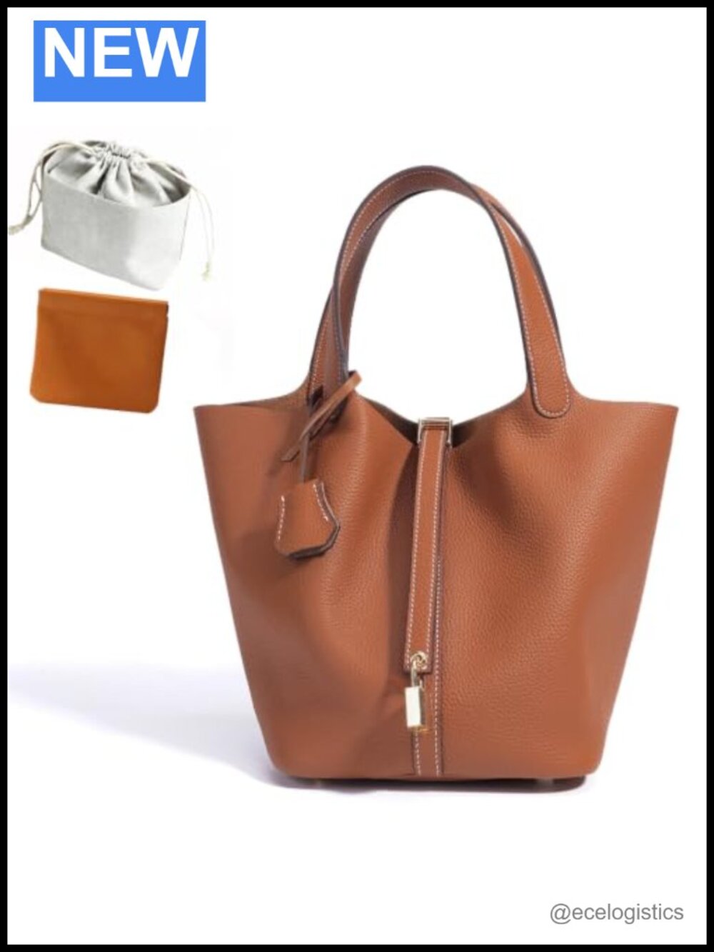 Genuine Leather Bucket Bag with Lock Design, Structured Handbag